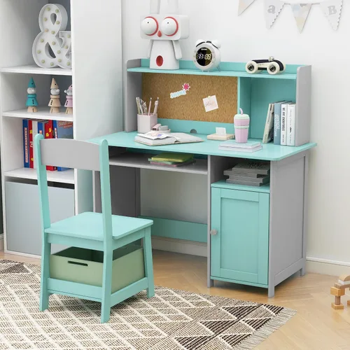 Vista 6 de TaoHFE Silla de Escritorio Azul para Niños, Escritorio para Niños con Almacenamiento y Estante, Conjunto de Escritorio y Silla de Madera para Niños