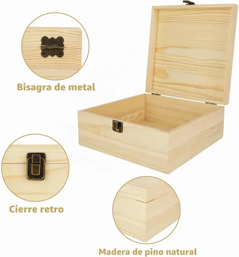 Vista 3 de DAJAVE Caja de madera sin terminar, caja de almacenamiento de madera con tapa con bisagras, caja de madera de pino de 9 x 9 x 4 pulgadas, cajas