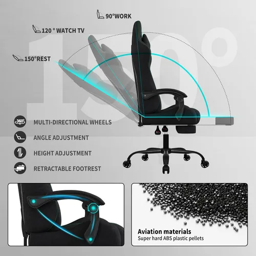Vista 5 de Fabric Gaming Chair with Footrest, Big Tall Reclining Ergonomic Chair