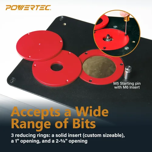 Vista 4 de POWERTEC Tablero de Mesa de Router de 24"x32" con Soporte para Herramientas, Placa de Router y Anillos de Inserción, Capacidad de 400lb Soporte