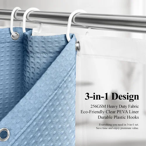 Vista 2 de 3 in 1 Waffle Shower Curtain Set with Liner 72x72 Moonlight Blue Moonlight Blue Blue