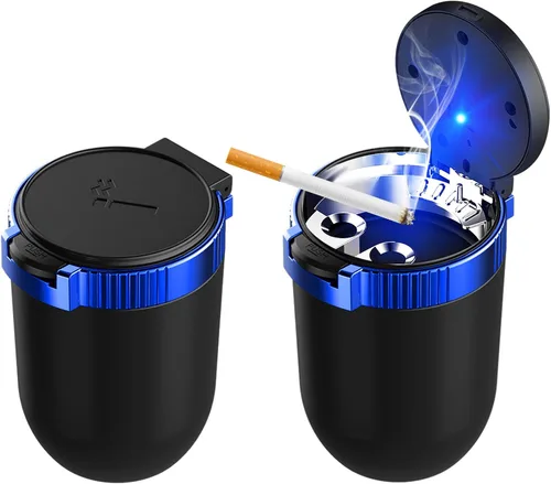 Vista 11 de Ohleats Cenicero de coche con tapa, cenicero desmontable de acero inoxidable con luz LED azul, cenicero portátil mini para vehículo, portavasos