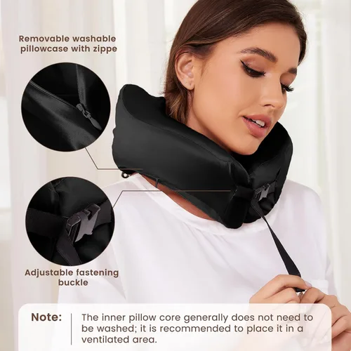 Vista 6 de THXSILK Almohada de cuello 100% seda de morera para viajes y avión, almohada de viaje de espuma viscoelástica para soporte de cuello en coche y Negro