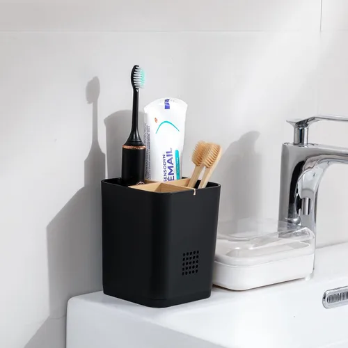 Vista 2 de Soportes para cepillo de dientes con drenaje para baños, soporte para cepillo de dientes de 4 ranuras con divisores de bambú, organizador de cepillo