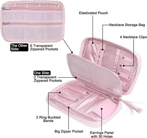 Vista 2 de MOSISO Estuche organizador de joyas de viaje, bolsa de almacenamiento portátil de joyería con mango de poliuretano para collares, aretes, anillos