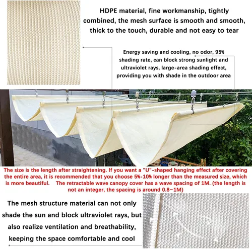 Vista 4 de Velas retráctiles de sombra ondulada, cubierta telescópica para pérgola con kit de montaje, toldo de techo con protección solar anti-UV, cubierta