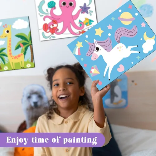 Vista 5 de goldentime Juego de 8 lienzos predibujados de 5 x 7 pulgadas, pintura por números para niños, 48 pinturas, 8 pinceles, 2 caballetes, kit de pintura