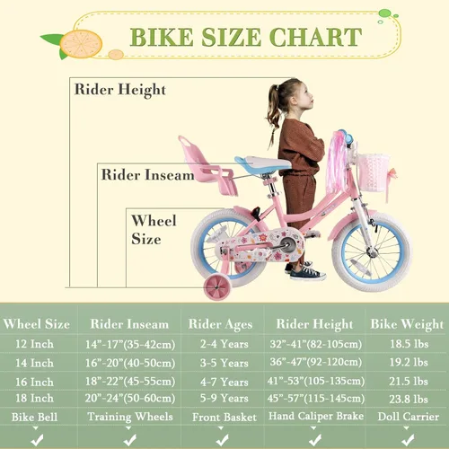 Vista 6 de RULLY 12 14 16 Inch Girls Bike for 2-7 Year Olds, Daisy Kids Bicycle with Training Wheels, Basket & Doll Seat, Retro Toddler Bike with Coaster