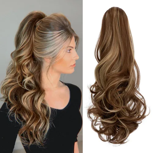 Vista 12 de Felendy Extensión de cola de caballo de 18 pulgadas, mezcla de rubio ceniza, marrón oscuro, rizado, ondulado, con clip, extensiones de cabello largo