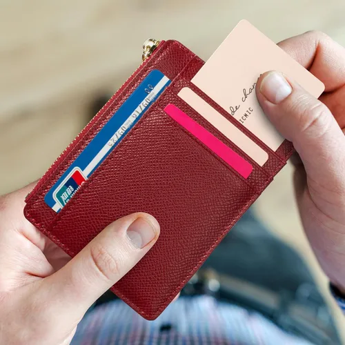 Vista 98 de Tarjetero delgado con bloqueo RFID, billetera de bolsillo pequeño, con cremallera Keychian para monedero, monedero y tarjetero para mujeres y hombres