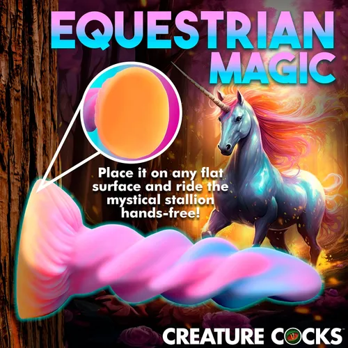 Vista 3 de CREATURE COCKS Consolador de silicona de unicornio que brilla en la oscuridad para hombres, mujeres y parejas. Firme y flexible, base de succión