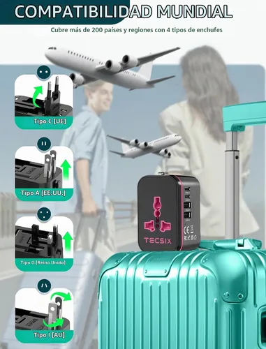 Vista 3 de Adaptador de viaje universal en todo el mundo, adaptador de enchufe de viaje europeo con 2 USB C, 2 USB A y múltiples salidas de CA, convertidor