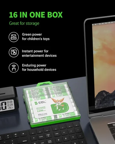 Vista 7 de EBL Baterías AAA recargables (16 unidades) Ready2Charge 1100mAh 1.2V Batería Ni-MH