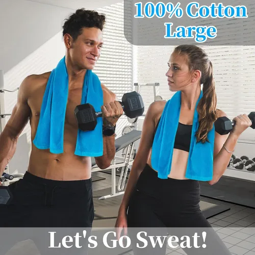 Vista 4 de Juego de 2 toallas deportivas de algodón para gimnasio, 12 x 45 pulgadas, absorbentes, transpirables, de 430 GSM, suaves, toalla deportiva para Azul