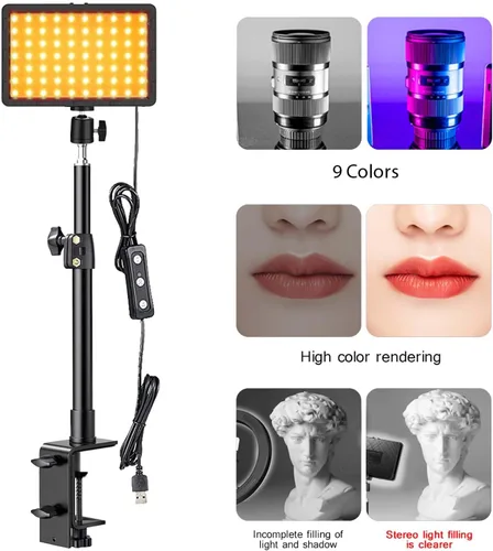 Vista 6 de Paquete de 1 luz LED para llave de escritorio, luz de video con soporte de abrazadera en C, 9 filtros de color, iluminación de fotografía de estudio