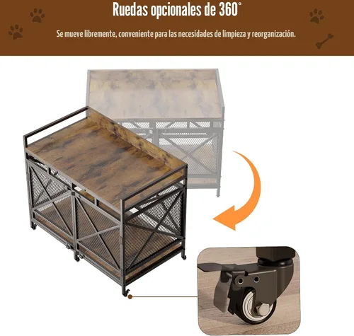 Vista 6 de COZPAW Jaula para perros de 48 pulgadas con ruedas, marrón Perrera extra grande para perros XL, mesa auxiliar de madera con barandilla, marco
