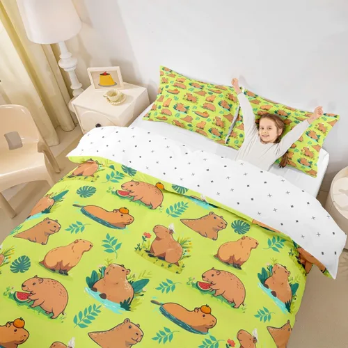 Vista 5 de Capybaras - Juego de funda de edredón tamaño individual, juego de ropa de cama para niños y niñas, diseño de zoológico de dibujos animados, juego