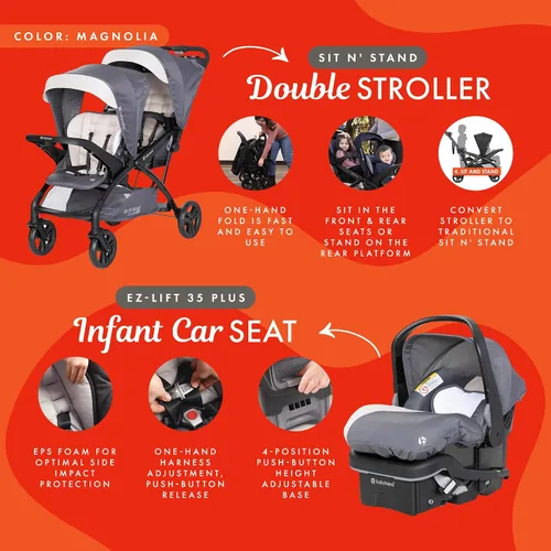 Vista 2 de Baby Trend Sit N' Stand Cochecito doble tándem con 2 asientos de coche para bebé EZ-Lift Plus, Magnolia
