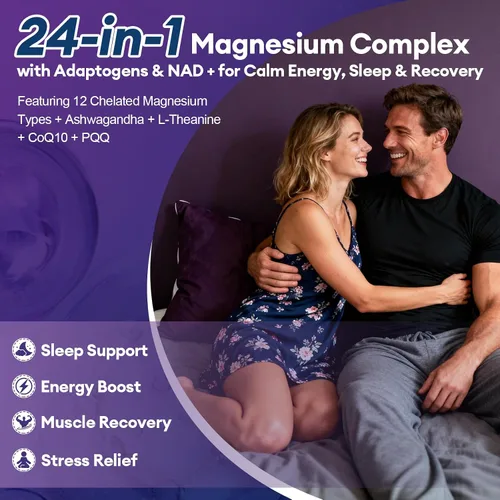 Vista 6 de Complejo de Magnesio con Ashwagandha, L-Teanina y NAD+ Mezcla Quelada 24-en-1 con Glicinato, Malato, Citrato y Más Apoya la Calma, Energía