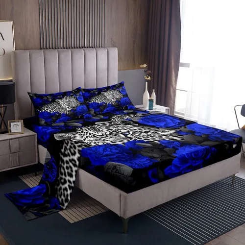 Vista 14 de Erosebridal Sábanas de cama de guepardo con rosa roja, juego de sábanas de bolsillo profundo con estampado de leopardo y gato, sábana bajera