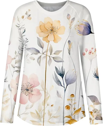 Vista 2 de Camisetas de talla grande para mujer, con cuello redondo y cuello redondo, manga larga, estampadas, cómodas, elegantes