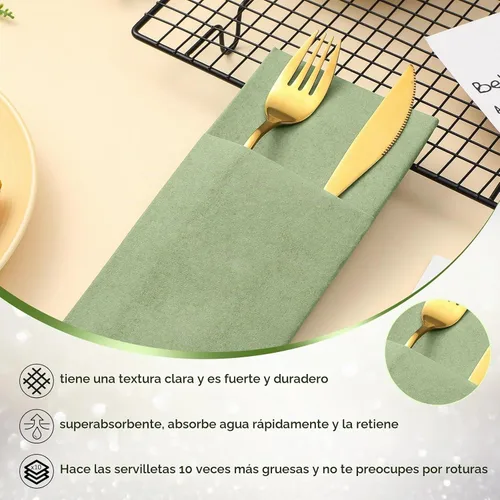 Vista 4 de Seajan 35 servilletas de lino de bolsillo, servilletas desechables de papel airlaid preplegadas con bolsillo integrado para cubiertos para Verde