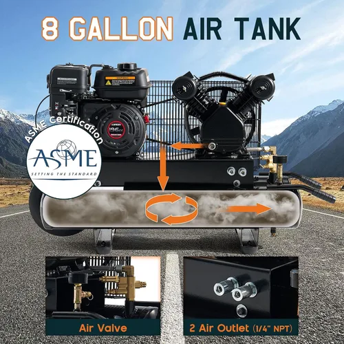 Vista 3 de Albott Compresor de aire a gas 6.5HP, tanque horizontal portátil de 8 galones, motor Loncin de 196cc, 10 CFM @ 115 PSI, compresor de bomba de pistón