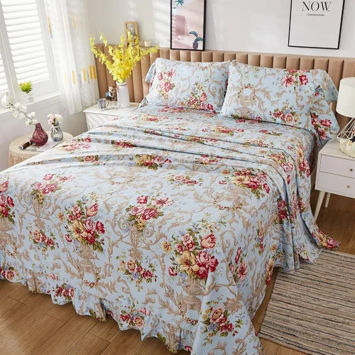 Vista 13 de ABREEZE Juego de sábanas con estampado floral beige, juego de ropa de cama bohemio, juego de ropa de cama de lujo de 4 piezas, medallón de damasco