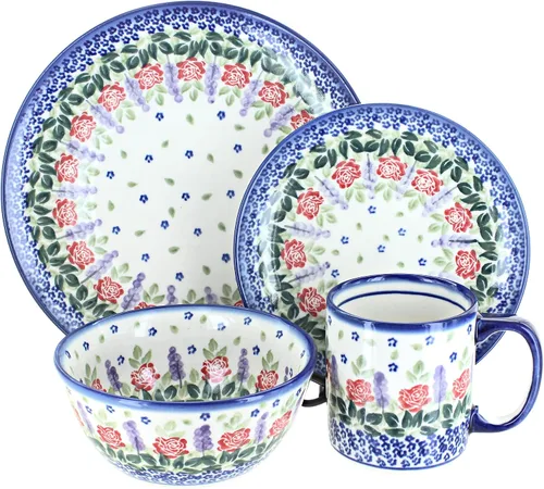 Vista 5 de Blue Rose Polish Pottery - Juego de vajilla de 16 piezas de piña marrón, 4 lugares, juego de vajilla de cerámica, regalo único de Navidad y vajilla