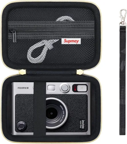 Vista 9 de Funda de transporte compatible con cámara instantánea Fujifilm Instax Mini EVO, bolsa de viaje con bolsillo de malla para fotos, cables USB Negro