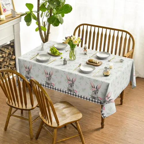 Vista 2 de Horaldaily Mantel de Pascua rectangular de 52 x 70 pulgadas, diseño de flores, conejo, búfalo, a cuadros, lavable, para fiesta, picnic, decoración