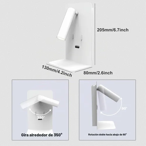 Vista 6 de ZEROUNO Lámpara de pared para dormitorio, luz de lectura montada en la pared, apliques de cabecera LED con interruptor Puerto USB Lámparas de Blanco