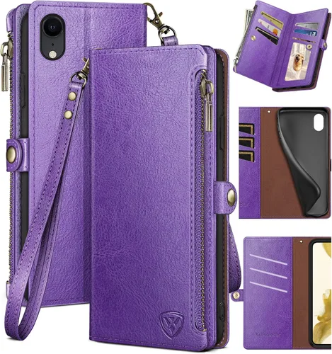 Vista 10 de XcaseBar Funda tipo cartera para iPhone XR de 6.1 pulgadas con bloqueo RFID, soporte para tarjetas de crédito con cremallera, funda de piel