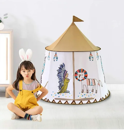 Vista 5 de Tienda de campaña plegable para niños, casa de juegos india de dibujos animados para niños con bolsa de transporte, material respetuoso con la piel
