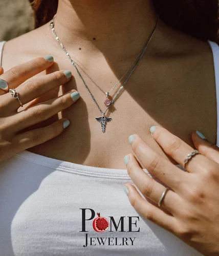 Vista 3 de Pome Collar Caduceus en plata de ley, collar de plata para médico enfermero, fabricado en Estados Unidos