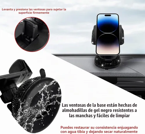 Vista 4 de Bling Soporte de Teléfono para Coche, Soporte de Teléfono Ajustable en 360 Grados de Cristal para Salpicadero y Ventilación de Coche, Soporte Negro