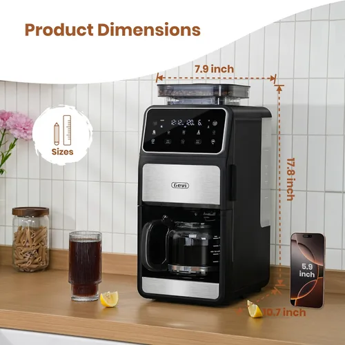 Vista 6 de Gevi Cafetera para moler y preparar 10 tazas con molinillo de rebabas integrado, pantalla táctil programable, mantiene el calor de 4 horas, filtro