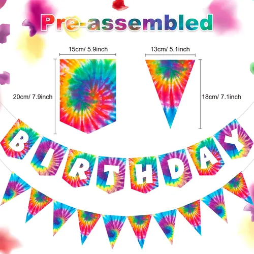 Vista 2 de Tenare 15 banderines de teñido anudado para fiesta de feliz cumpleaños, banderín y temática hippie de los años 60, decoración de remolinos
