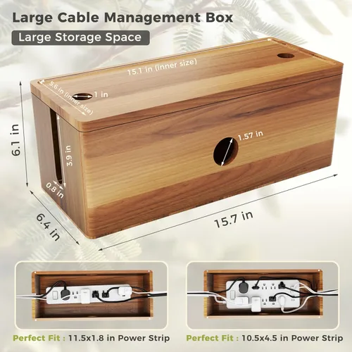 Vista 2 de Caja grande de madera de acacia para cables de alimentación, corrector de cable de perfil bajo para cables de piso y cables de extensión, protector