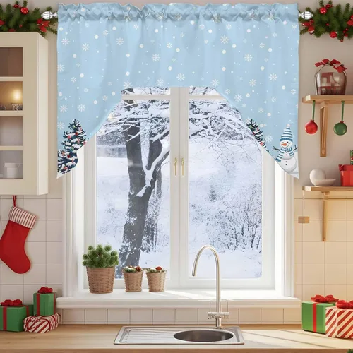 Vista 3 de Muñeco de nieve de Navidad, cenefa de cocina, cenefa con bolsillo para barra, paneles de cortina para dormitorio, sala de estar, baño, cafetería