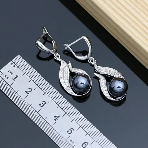 Vista 4 de Black Pearls - Juego de joyas de plata 925 para mujer, cuentas de perlas de lujo, pulsera, diseño de línea, aretes, collar de anillo para regalo