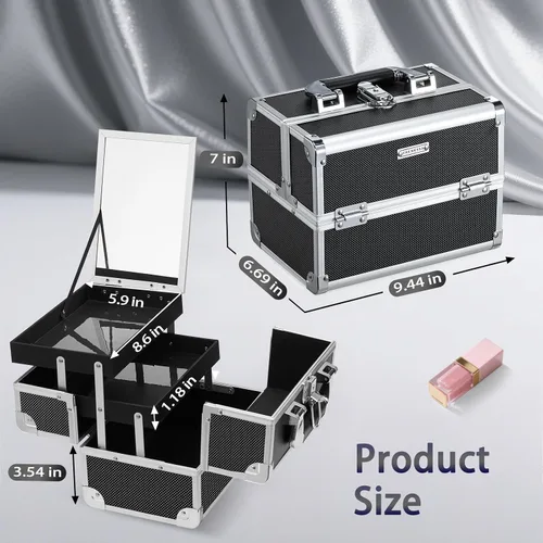 Vista 5 de FRENESSA Estuche organizador de maquillaje, caja de cosméticos, estuche portátil de maquillaje con espejo, 2 bandejas, caja de tocador de viaje