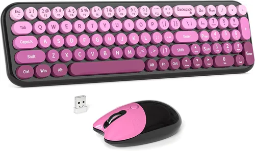Vista 13 de MOWUX Combo de teclado y mouse inalámbricos, máquina de escribir de tamaño completo, teclado de computadora redondo retro, lindo mouse óptico, 2.4G