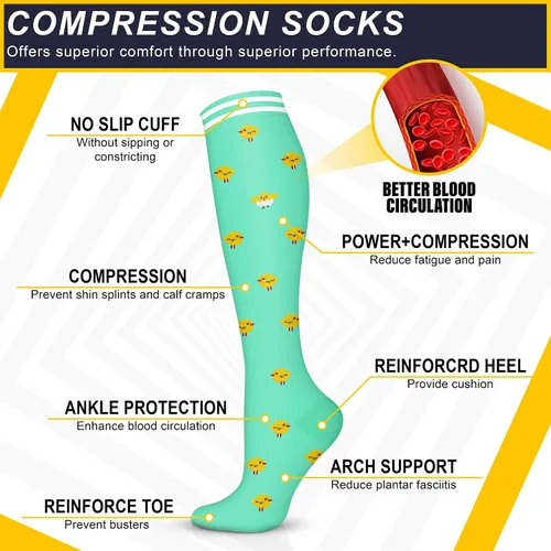 Vista 4 de Calcetines de compresión para mujeres y hombres (6 pares) 15-20 mmHg son para atletismo, correr, montar, viajar, enfermería médica, mejor apoyo