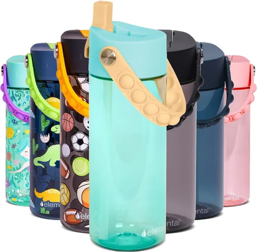 Vista 36 de Elemental Botellas de agua para niños – Botella de agua para niños Splash para la escuela con mango Pop-it – Botella de agua de plástico Tritan sin
