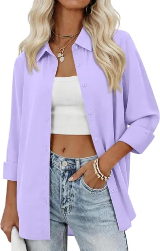 Vista 18 de siliteelon Camisas con botones para mujer, camisas de vestir sólidas, de manga larga, cuello fluido, para trabajo, oficina, negocios, blusas de gasa