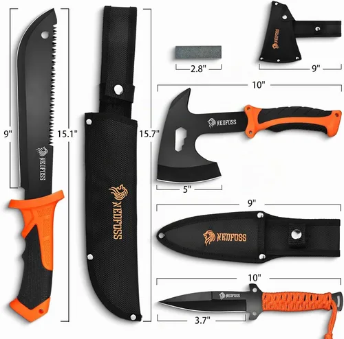 Vista 6 de NedFoss Machete de 15 pulgadas, hacha de 10 pulgadas con funda, cuchillo de caza de hoja fija con funda, hacha de camping con mango de reducción
