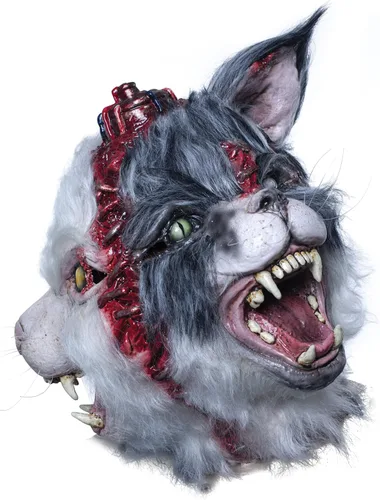 Vista 4 de Ghoulish Productions CT 085 - Máscara de látex de doble cabeza de gato máscara de látex de cabeza blanca máscara de látex de gato con cabeza gris