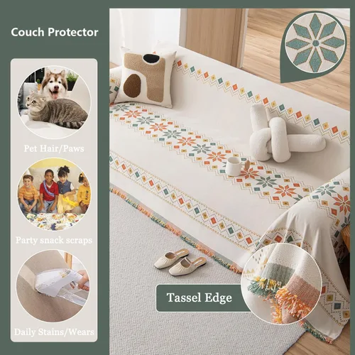 Vista 4 de DREAMINGO Funda de Sofá de Chenilla Beige Bohemia Geométrica Jacquard para Sofá de 3 Cojines Antideslizante Seccional Forma de L para Perros
