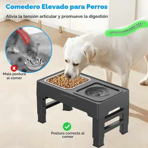 Vista 2 de URPOWER Cuencos Elevados 2 en 1 para Perros, 4 Cuencos Elevados para Perros de Altura Ajustable con Cuenco de Agua Sin Derrames y Cuenco de Comida